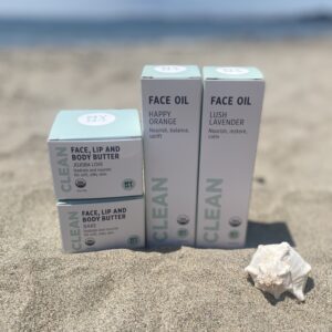 MY24/7 by Red Pantz organic face, lip and body butters with lavender and rose, unscented, and HAPPY ORANGE and LUSH LAVENDER face oils