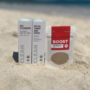 MY24/7 organic gift set with white rose and calendula alcohol-free, oil-free gel cleanser; AMLA C facial toner, facial spray, and Wellness tea by Red Pantz