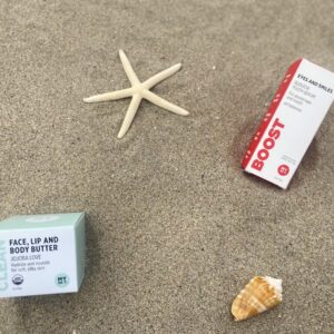 Ayurvedic eye serum and shea butter, mango butter, jojoba face and body butter, lip balm with lavender and rose, organic by Red Pantz