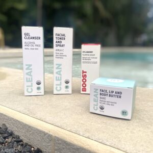 MY24/7 by Red Pantz USDA-certified organic skincare getting started with gel cleanser, toner, hyaluronic acid serum, and face, lip, and body butter