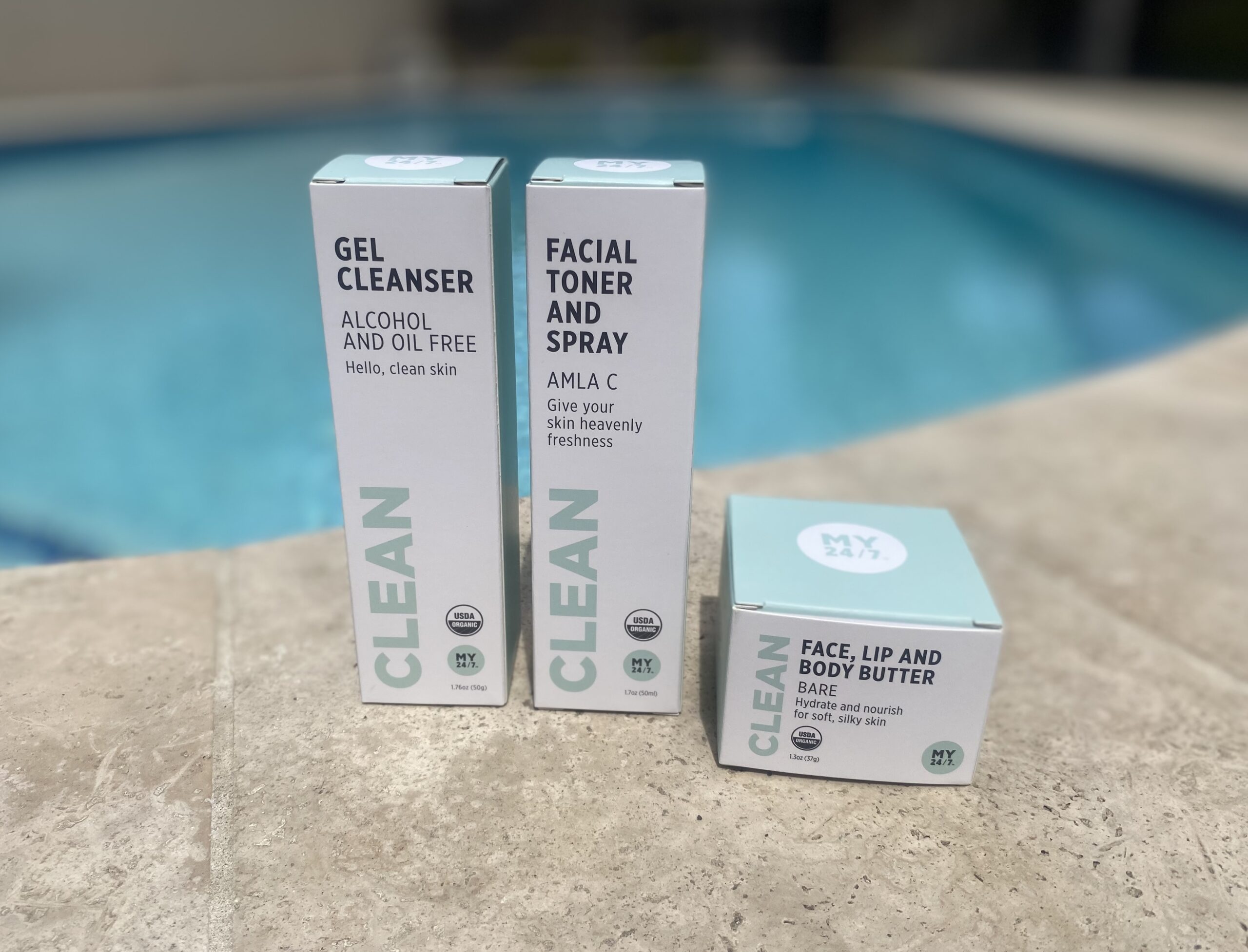 MY24/7 by Red Pantz USDA-certified organic skincare starter set with white rose - calendula gel cleanser, AMLA C facial toner, and BARE unscented face, lip and body butter to cleanse, hydrate, and moisturize